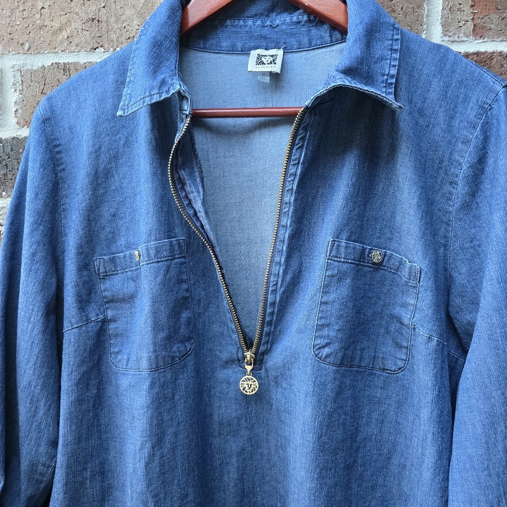Anne Klein Indigo Chambray Look Shirt Dress Size 14 Half Zip Roll Tab Sleeves - Picture 4 of 10